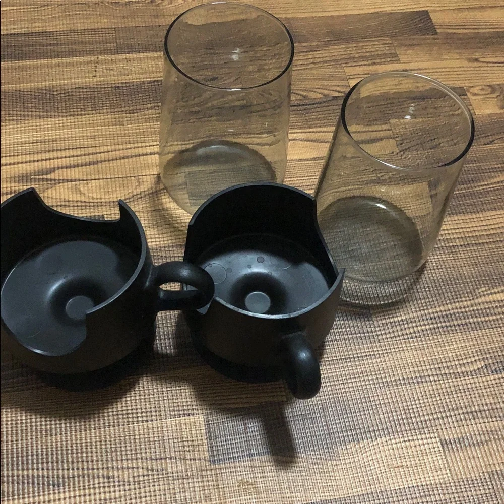 Corningware Black Glass Coffee Mugs with Holders. vintage